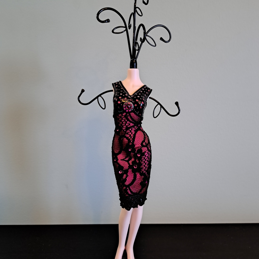 Jewellery Holder - Black and Pink Lace Dress Form - 14 Inch Height